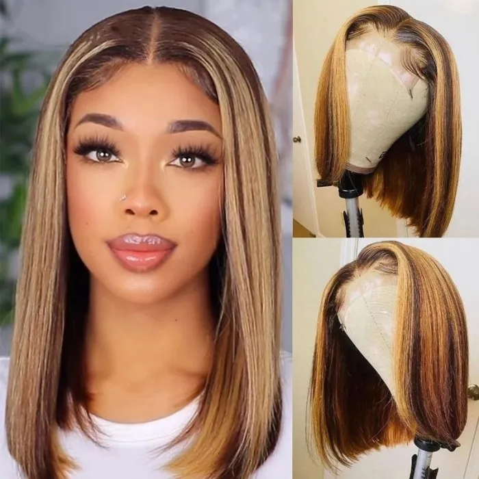 【Aisha】Ombre Highlight Lace Frontal Human Hair Wigs Short Bob Lace Front Wig 10-16 inches