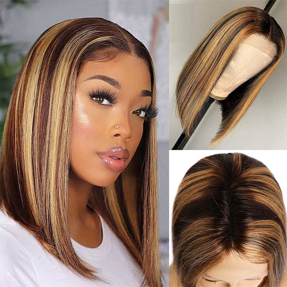 【Aisha】Ombre Highlight Lace Frontal Human Hair Wigs Short Bob Lace Front Wig 10-16 inches