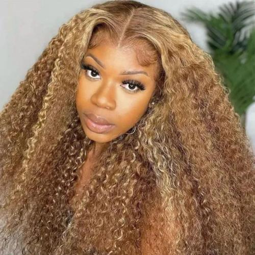 【Judy】Highlight Curly 13X4 Lace Front Human Hair Wigs Honey Blonde Mixed Colored Ombre Highlight Kinky Curly Lace Frontal Wigs