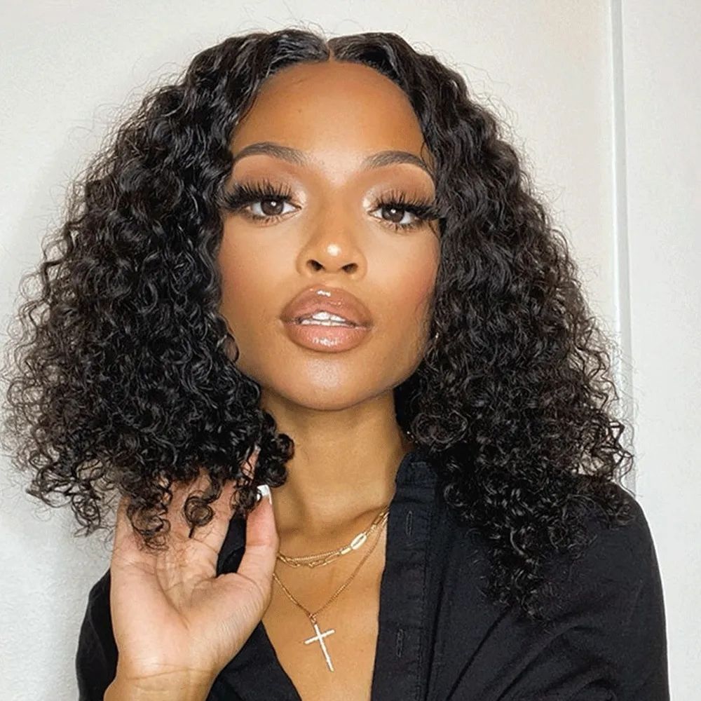 【Nancy】Kinky Curly Human Hair Short Bob Wig 4x4 Glueless Lace Wigs Remy Hair