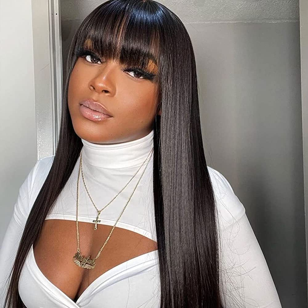【Taylor】20 inches Straight 4X4 Lace Closure Human Hair Wig With Bang