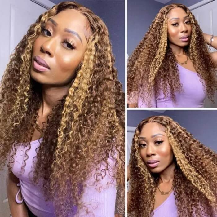 【Judy】Highlight Curly 13X4 Lace Front Human Hair Wigs Honey Blonde Mixed Colored Ombre Highlight Kinky Curly Lace Frontal Wigs