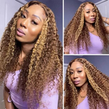 【Judy】Highlight Curly 13X4 Lace Front Human Hair Wigs Honey Blonde Mixed Colored Ombre Highlight Kinky Curly Lace Frontal Wigs