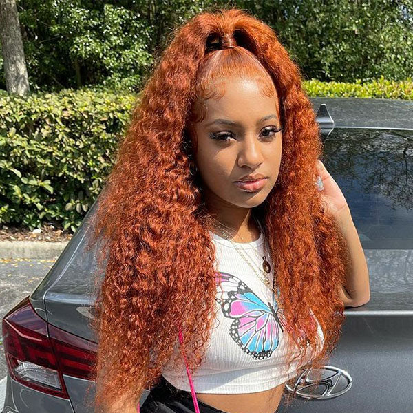 【Cleo】Ginger Colored Kinky Curly Lace Front Human Hair Wigs 13x4 Lace Frontal Wig Ginger Color
