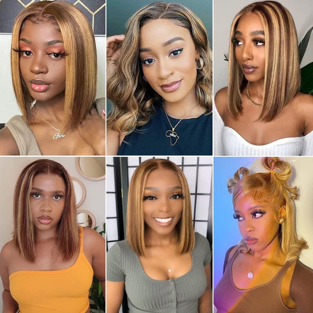 【Aisha】Ombre Highlight Lace Frontal Human Hair Wigs Short Bob Lace Front Wig 10-16 inches
