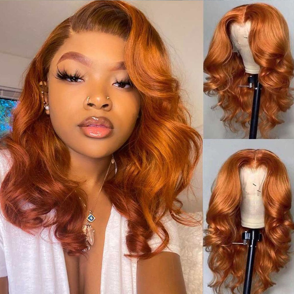 【Orange】Ginger Colored Body Wave 13X4 Lace Frontal Wig 100% Human Hair Wig Pre Plucked