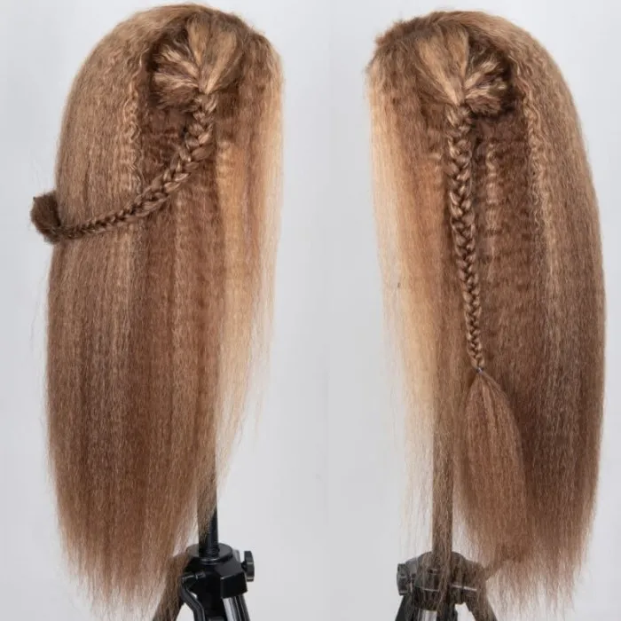 【Danie】Kinky Straight Highlight Honey Blonde Wigs Kinky Straight 13x4 Lace Front Human Hair Wig for Women Piano Color Wigs Pre Plucked with Baby Hair 200% Density