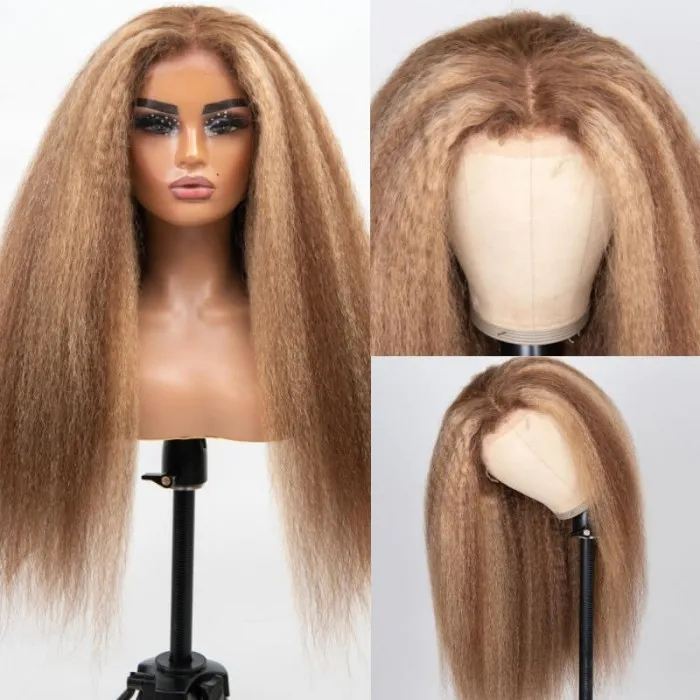 【Danie】Kinky Straight Highlight Honey Blonde Wigs Kinky Straight 13x4 Lace Front Human Hair Wig for Women Piano Color Wigs Pre Plucked with Baby Hair 200% Density