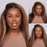 【Danie】Kinky Straight Highlight Honey Blonde Wigs Kinky Straight 13x4 Lace Front Human Hair Wig for Women Piano Color Wigs Pre Plucked with Baby Hair 200% Density