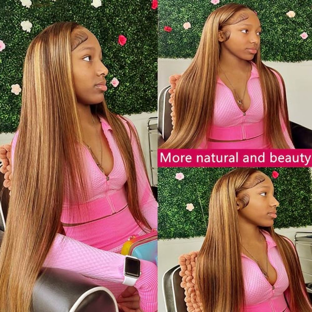 【Beyonce】TK03 : 13x4 Highlight Lace Front Wig Honey Blonde Brown Ombre Straight Wigs Pre Plucked Baby Hair
