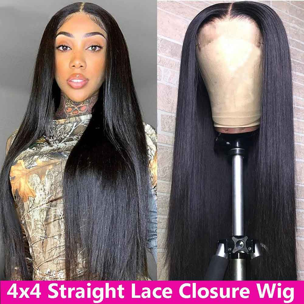 【Gaga】TK55 : Wear and Go Glueless 4X4 Lace Closure Human Hair Wig Brazilian Straight Lace Wigs For Women 4X4 Transparent Lace Closure Wigs New