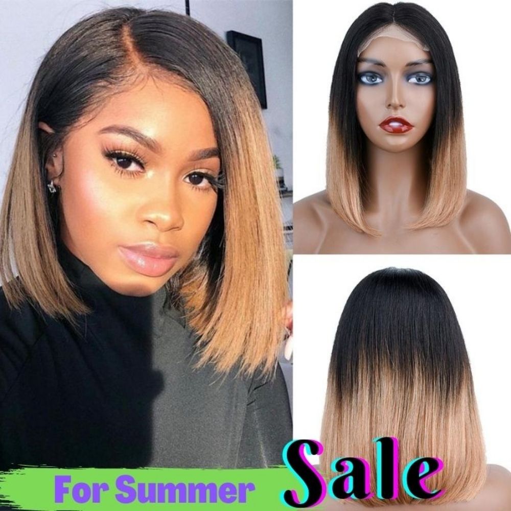 【Olivia】TK24 : Glueless 4X4X1 Lace Closure Ombre Color Bob Wig Human Hair Wig Straight Bob Short Wig T1B/27 Color