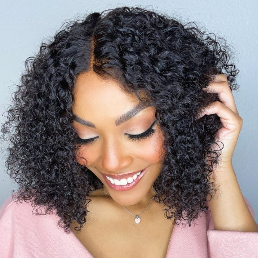 【Nancy】Kinky Curly Human Hair Short Bob Wig 4x4 Glueless Lace Wigs Remy Hair