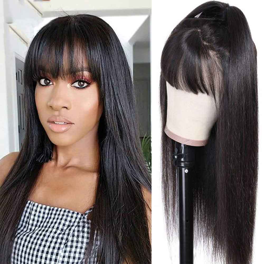 【Cora】 Bang Wig Straight Human Hair Wig Machine Made Wig With Baby Hair