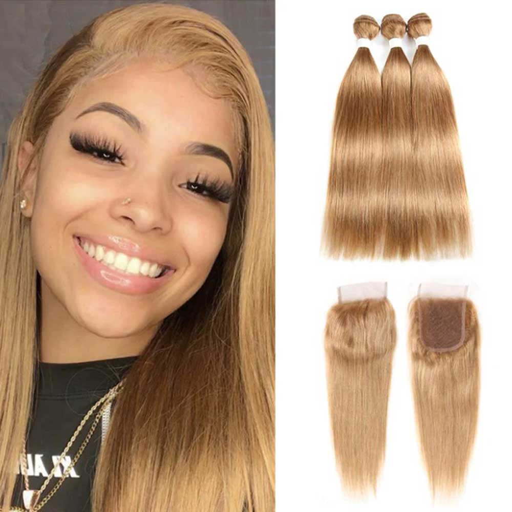 Beaudiva 27# Colored Hair 3 Bundles with Closure Straight Human Hair Bundles