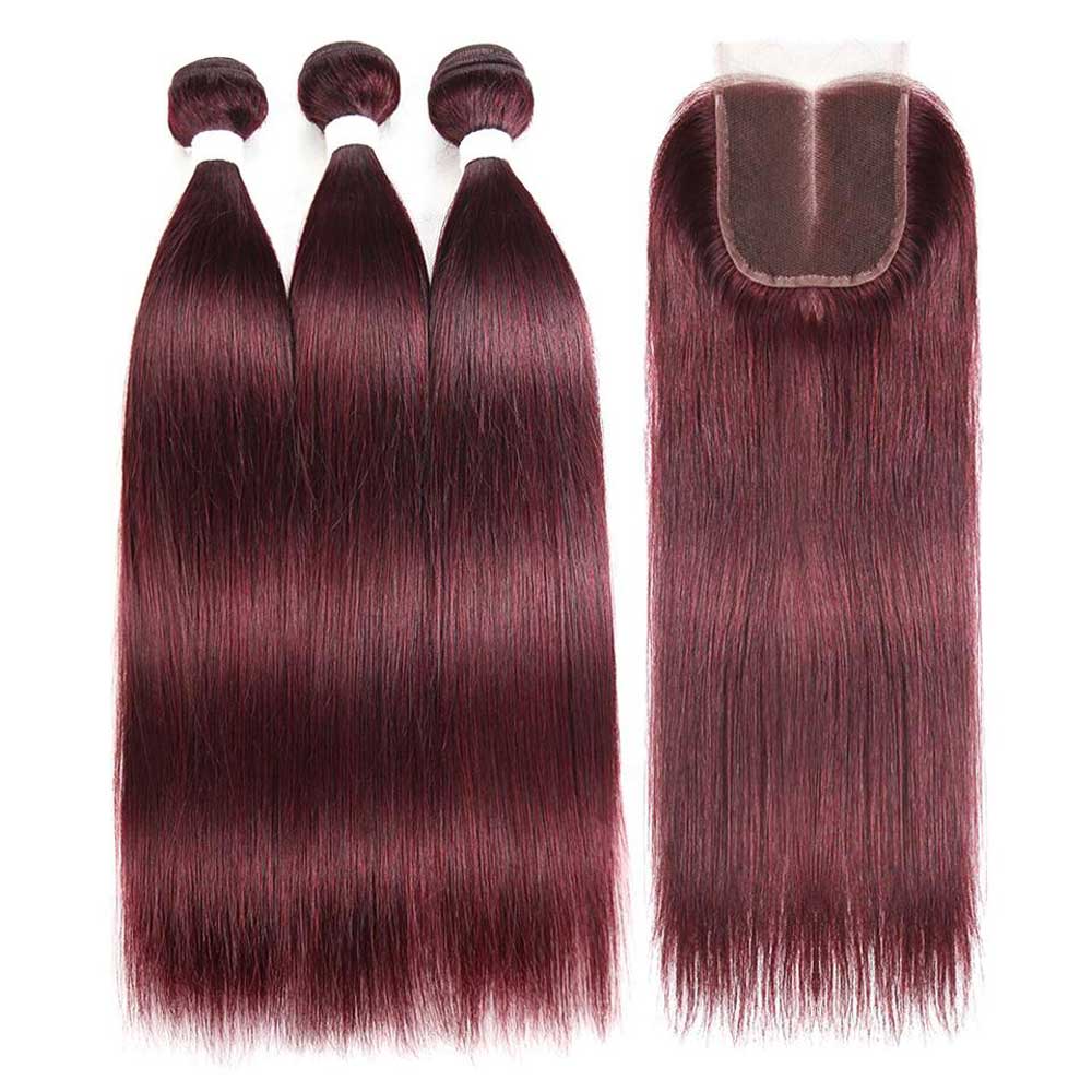 Beaudiva 3 Bundles with Closure Straight Human Hair Bundles 99J Burgundy Color