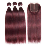 Beaudiva 3 Bundles with Closure Straight Human Hair Bundles 99J Burgundy Color