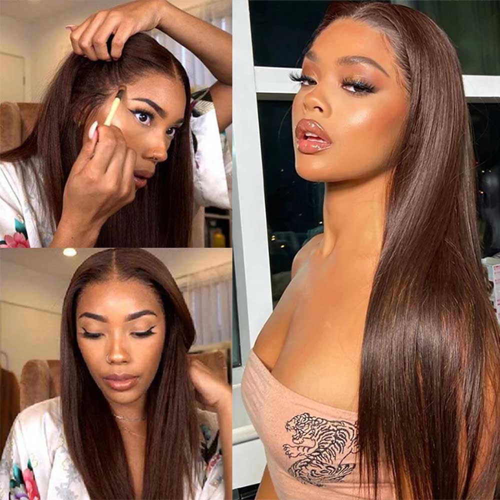 Beaudiva #4 Brown Straight 3 Bundles With Frontal Pre Colored 100% Human Hair