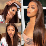 Beaudiva #4 Brown Straight 3 Bundles With Frontal Pre Colored 100% Human Hair