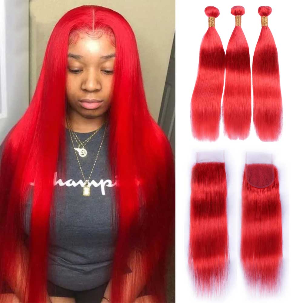 Beaudiva Red Color Straight 3 Bundles With Lace Closure 100% Human Hair Bundles With Closure
