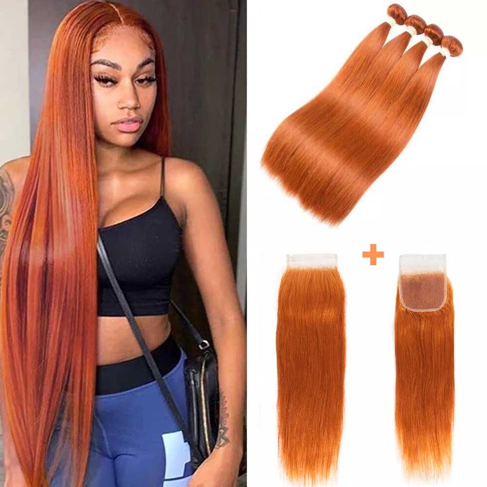 Beaudiva Ginger Orange Straight Human Hair Bundles with Closure Colored 3 Bundles with Lace Closure