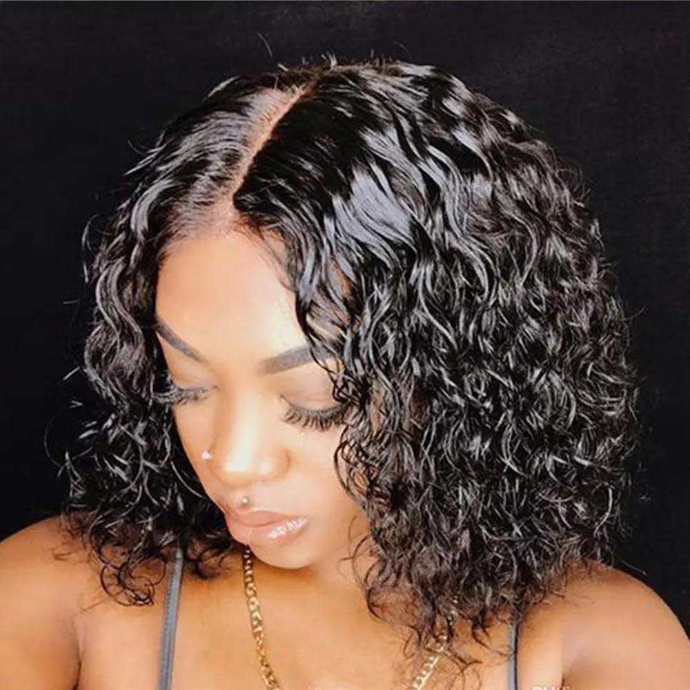 Beaudiva Curly Bob Wigs Water Wave T Part Lace Human Hair Wigs Lace Parting