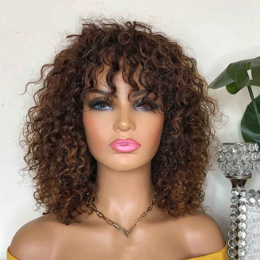 Tiktok Beaudiva Highlight Brown Colored Deep Wave Human Hair Wigs with Bangs 150% Density Glueless Machine Made Curly Wigs