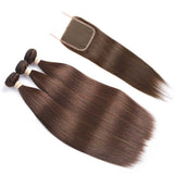 Beaudiva 4# Light Brown Straight Hair 3 Bundles With Closure 100%   Human Hair Bundles
