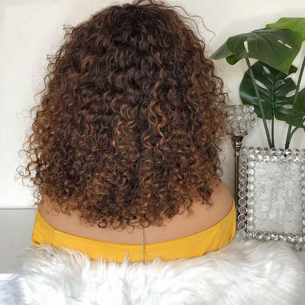 Tiktok Beaudiva Highlight Brown Colored Deep Wave Human Hair Wigs with Bangs 150% Density Glueless Machine Made Curly Wigs