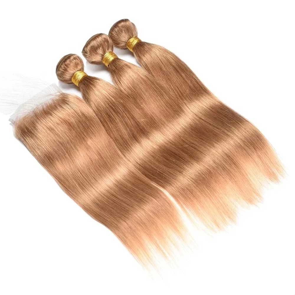 Beaudiva 27# Colored Hair 3 Bundles with Closure Straight Human Hair Bundles