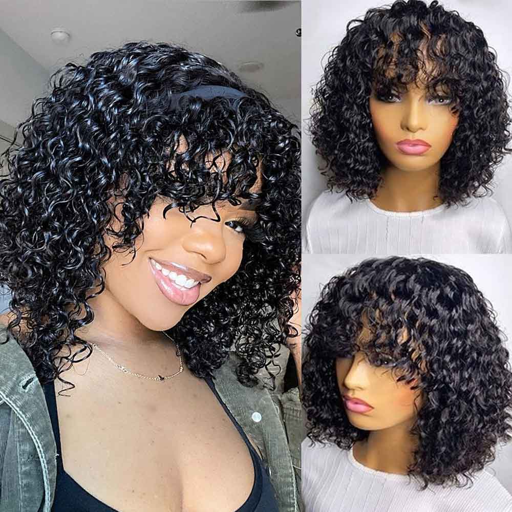 【Visa】TK45:Kinky Curly Human Hair Wigs with Bangs 150% Density Glueless Machine Made Bang Wigs for Women Beaudiva