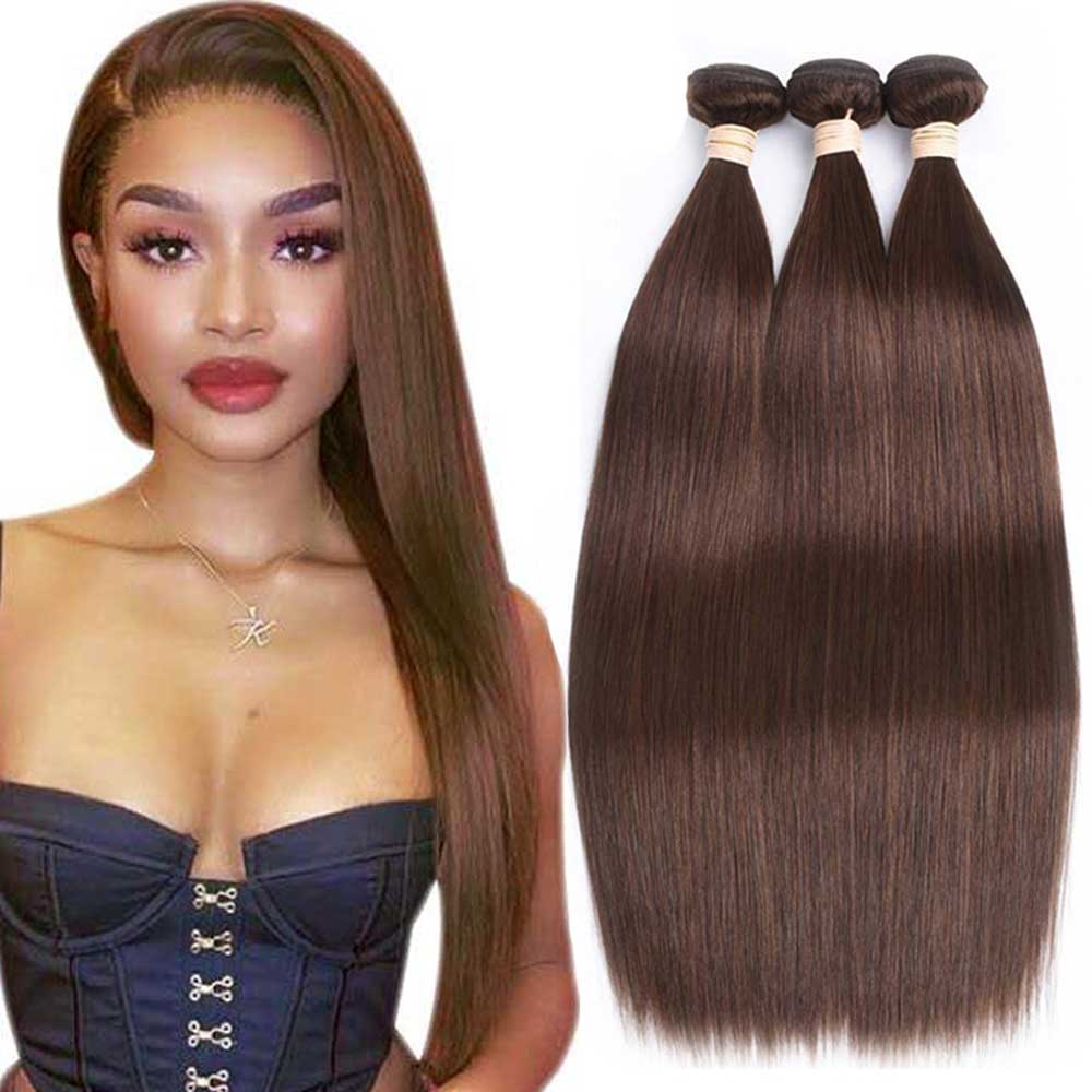 Beaudiva 4# Light Brown Straight Hair 3 Bundles With Closure 100%   Human Hair Bundles