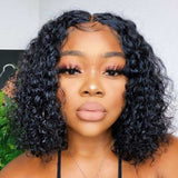 Beaudiva Curly Bob Wigs Water Wave T Part Lace Human Hair Wigs Lace Parting