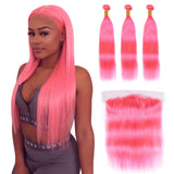 Beaudiva Pink Bundles With Frontal Straight Pink Hair Weave With Frontal