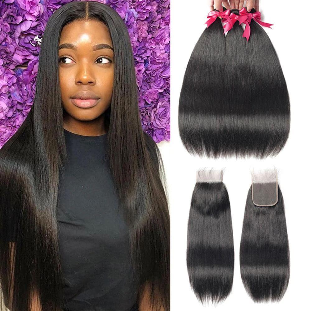 Beaudiva 10A Straight Human Hair 3 Bundles With 4x4 Closure 100% Virgin Remy Human Hair