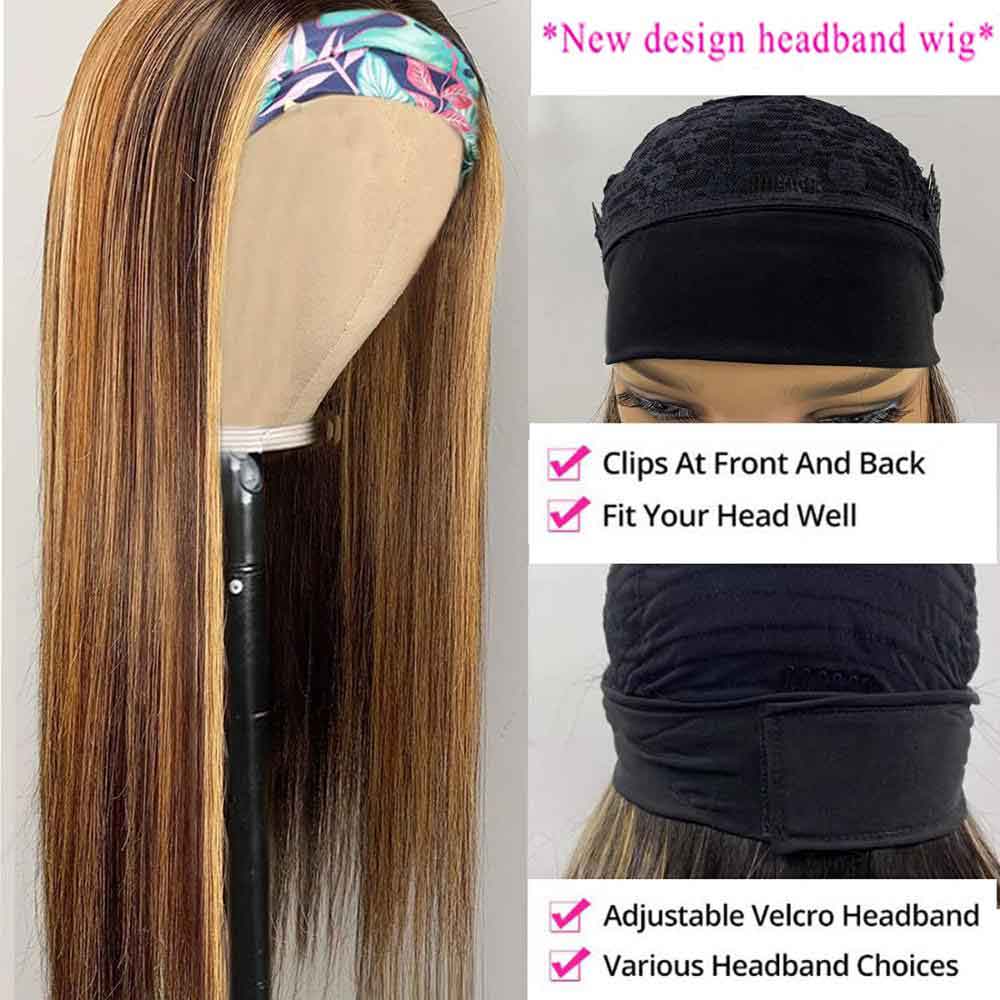 【Rae】TK59 : Highlight Straight Headband Wigs 100% Human Hair Wigs Highlight Dark Brown Headband Short Wig