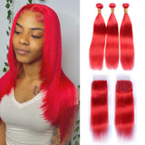 Beaudiva Red Color Straight 3 Bundles With Lace Closure 100% Human Hair Bundles With Closure