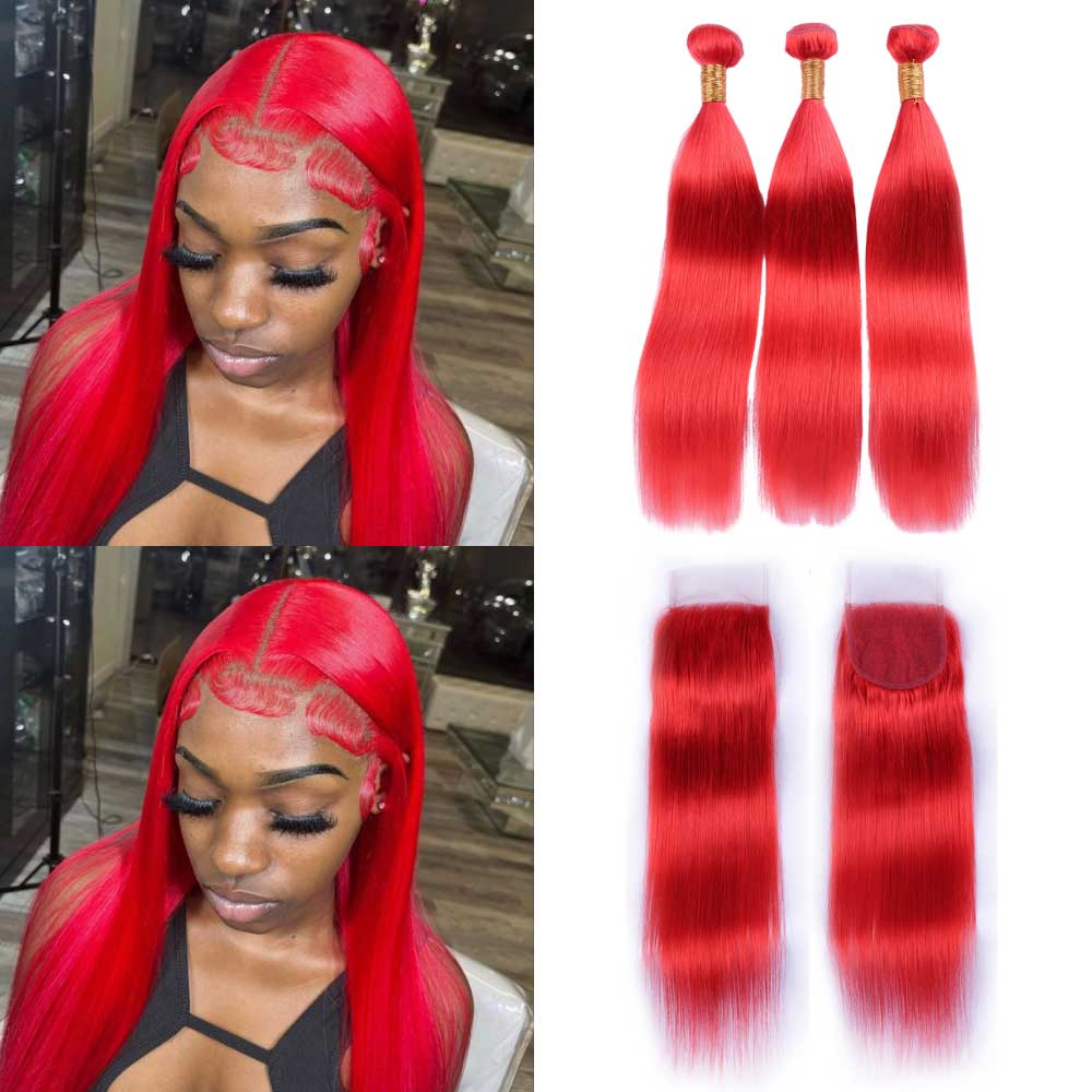 Beaudiva Red Color Straight 3 Bundles With Lace Closure 100% Human Hair Bundles With Closure