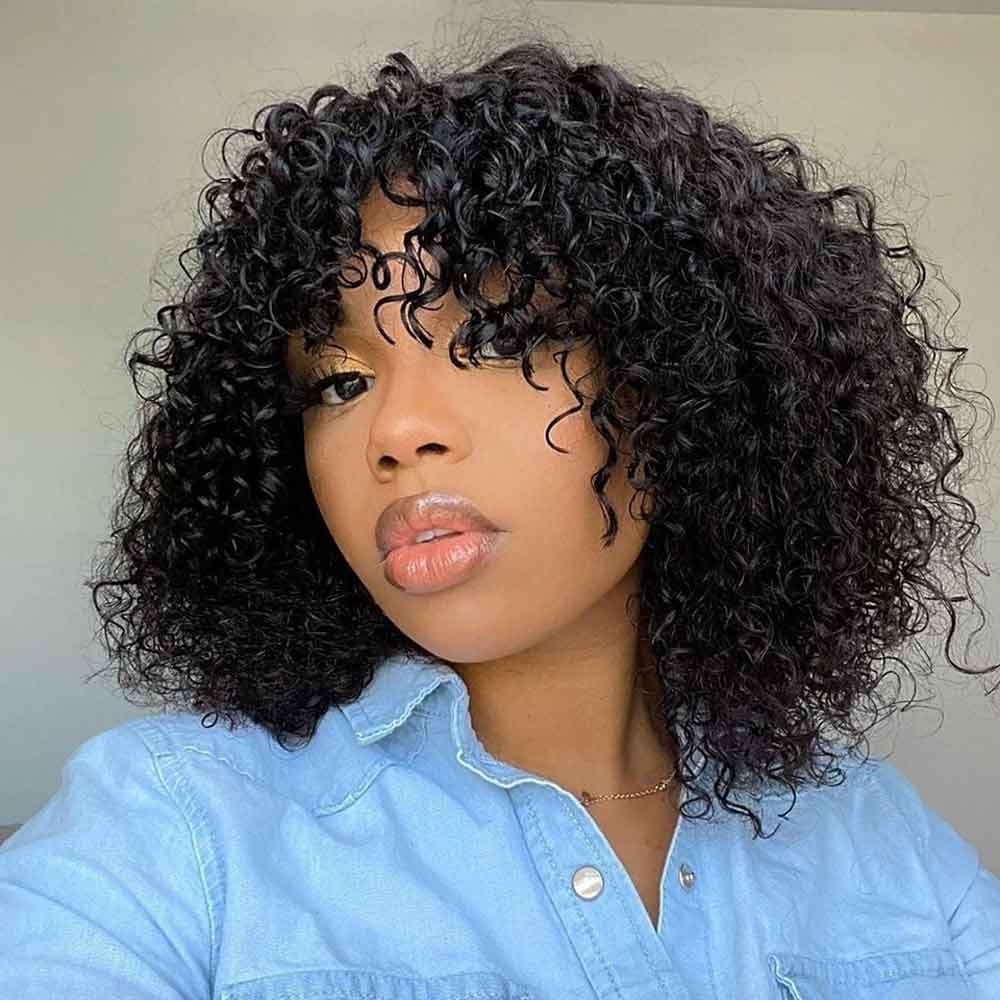 【Visa】TK45:Kinky Curly Human Hair Wigs with Bangs 150% Density Glueless Machine Made Bang Wigs for Women Beaudiva