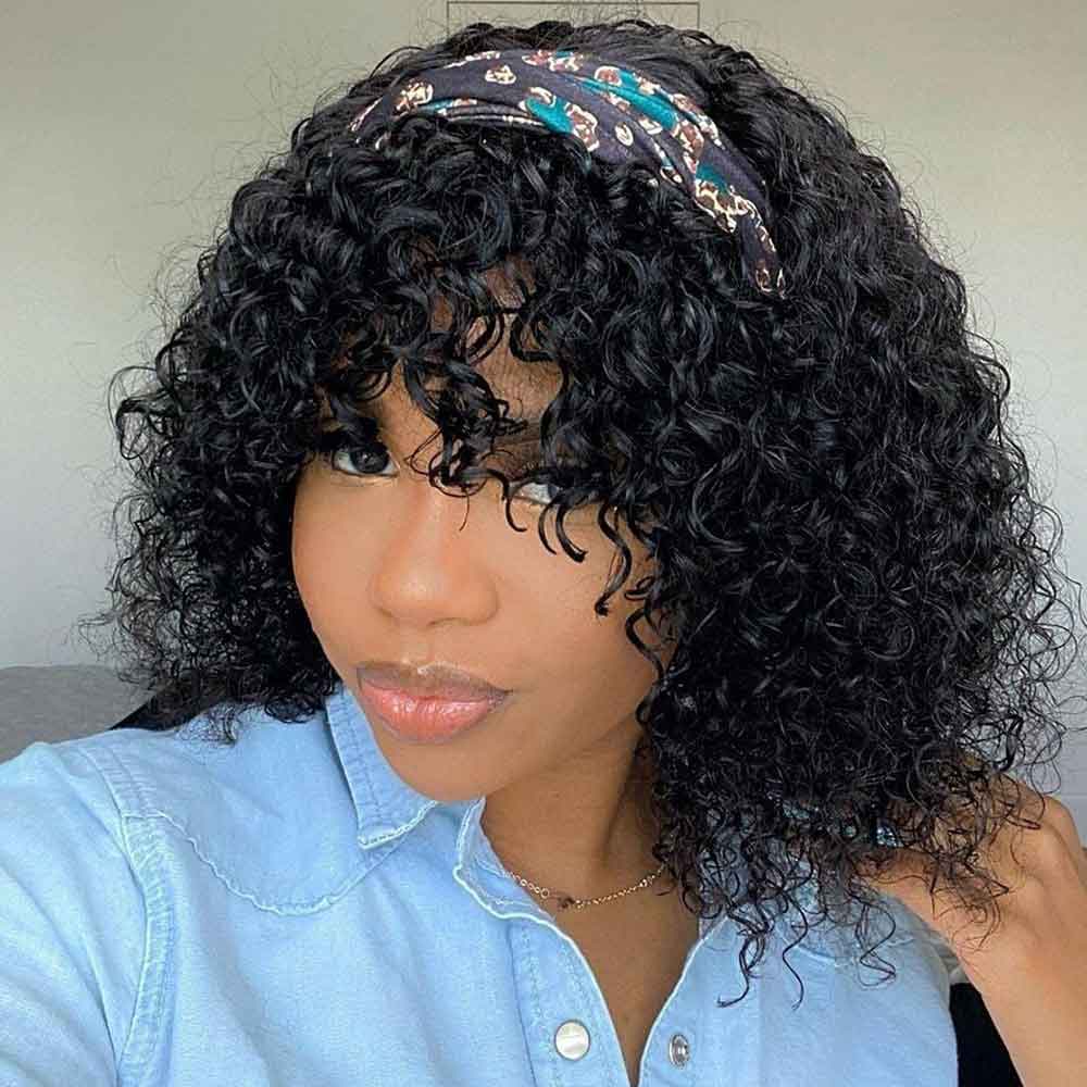 【Visa】TK45:Kinky Curly Human Hair Wigs with Bangs 150% Density Glueless Machine Made Bang Wigs for Women Beaudiva
