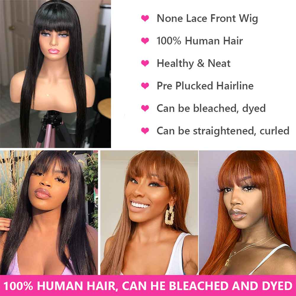 【Cora】 Bang Wig Straight Human Hair Wig Machine Made Wig With Baby Hair