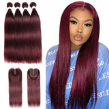 Beaudiva 3 Bundles with Closure Straight Human Hair Bundles 99J Burgundy Color