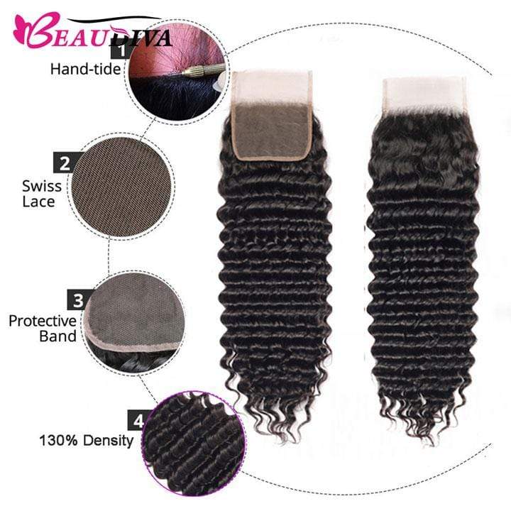 Beaudiva Deep Wave 10A Human Hair Bundles 3 Bundles with Closure Brazilian Human Hair Weaves