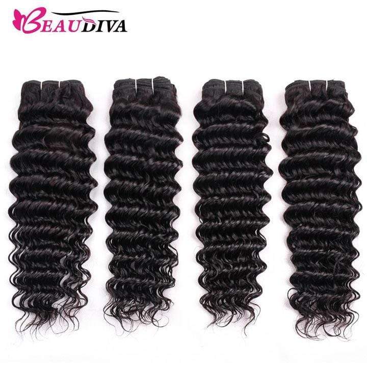 Beaudiva 10A 100% Remy Human Hair Bundles Deep Wave Human Hair Weaves 4 Bundles With Lace Closure
