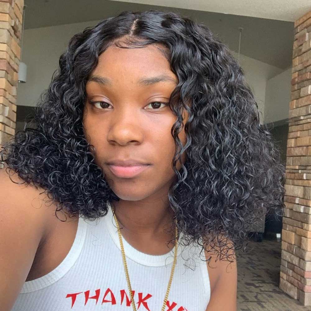 Beaudiva Curly Bob Wigs Water Wave T Part Lace Human Hair Wigs Lace Parting