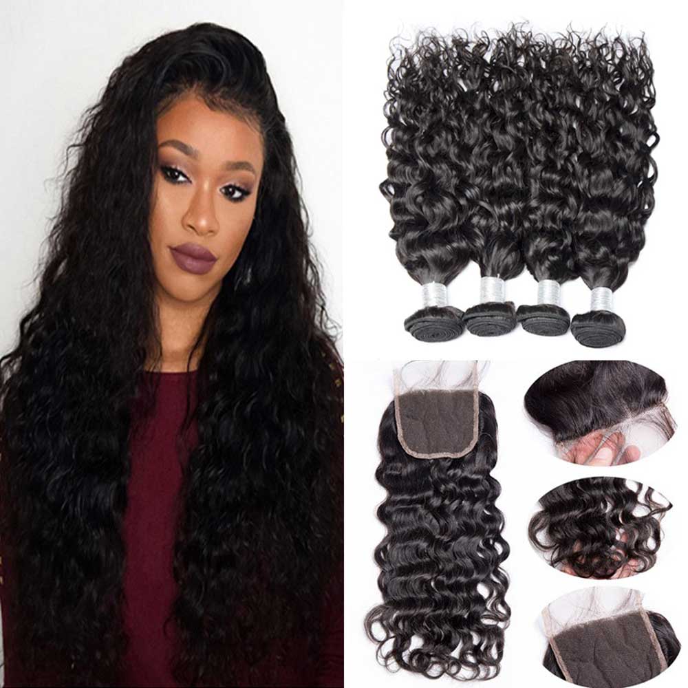 Beaudiva 10A Water Wave Hair Bundles Human Hair Bundles With Lace Closure Human Hair Weaves
