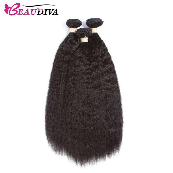 Beaudiva 10A Kinky Straight Human Hair Bundles 3 Bundles with 4x4 Lace Closure Brazilian Human Hair Weft