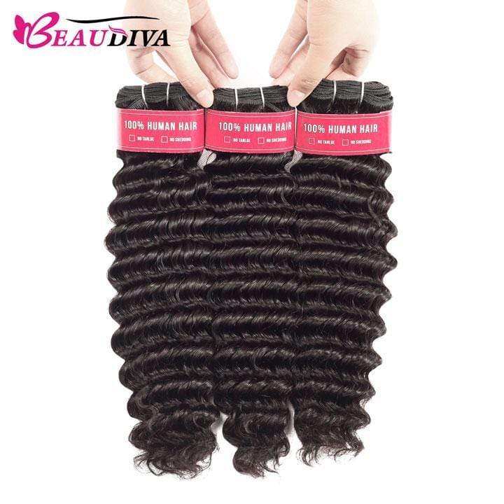 Beaudiva Deep Wave 10A Human Hair Bundles 3 Bundles with Closure Brazilian Human Hair Weaves