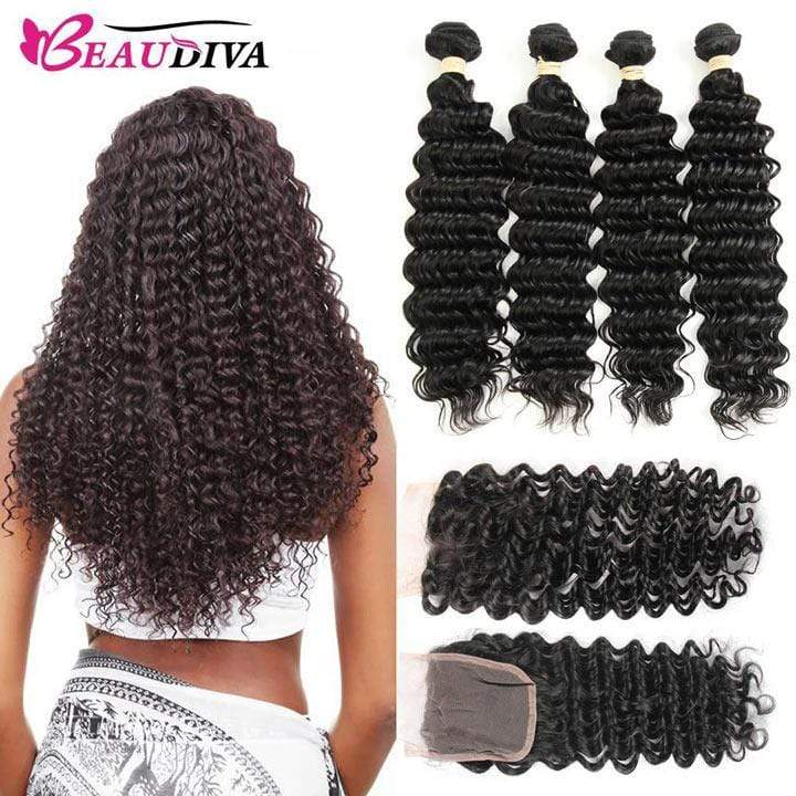 Beaudiva 10A 100% Remy Human Hair Bundles Deep Wave Human Hair Weaves 4 Bundles With Lace Closure