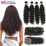 Beaudiva 10A 100% Remy Human Hair Bundles Deep Wave Human Hair Weaves 4 Bundles With Lace Closure